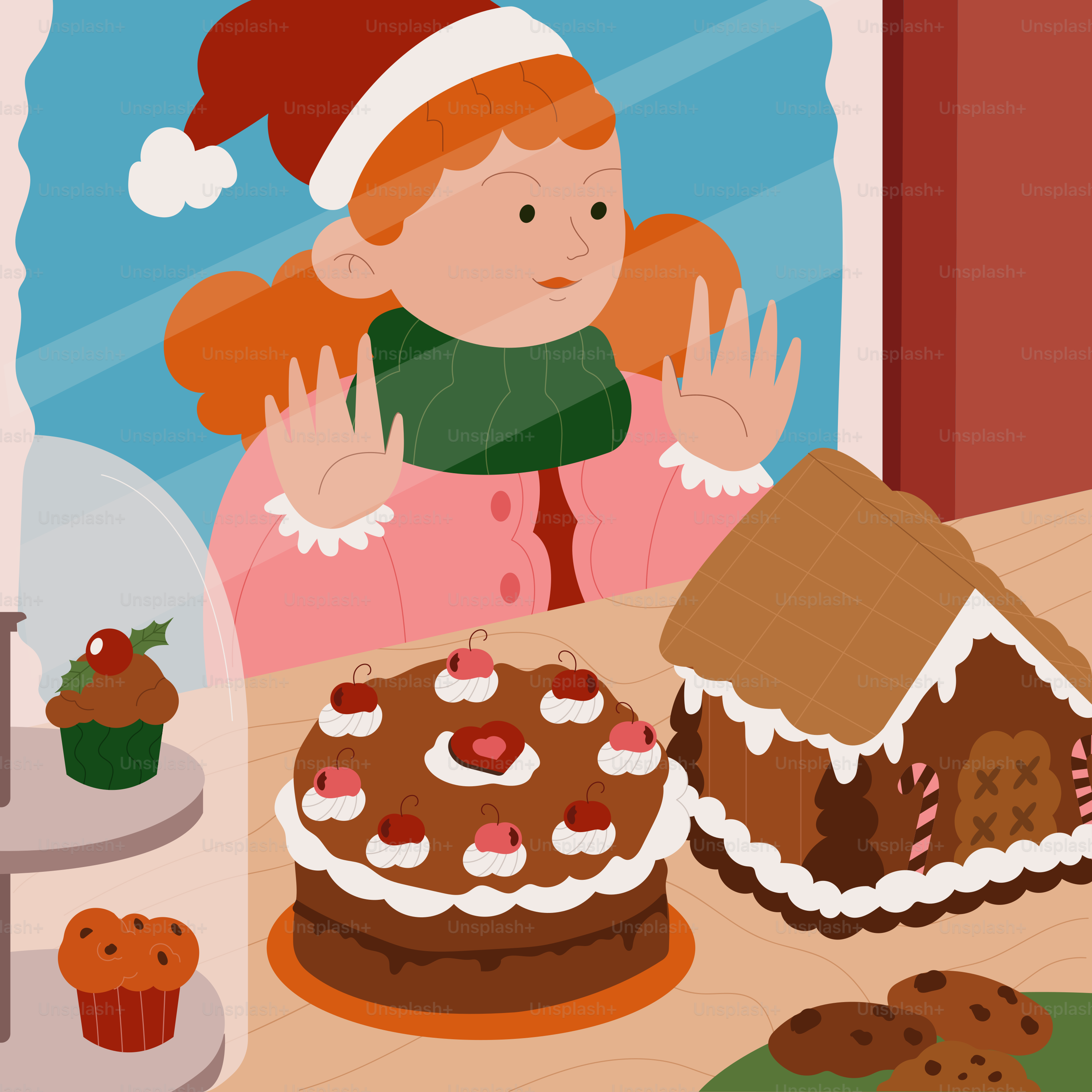 A woman standing in front of a table filled with cakes and cupcakes