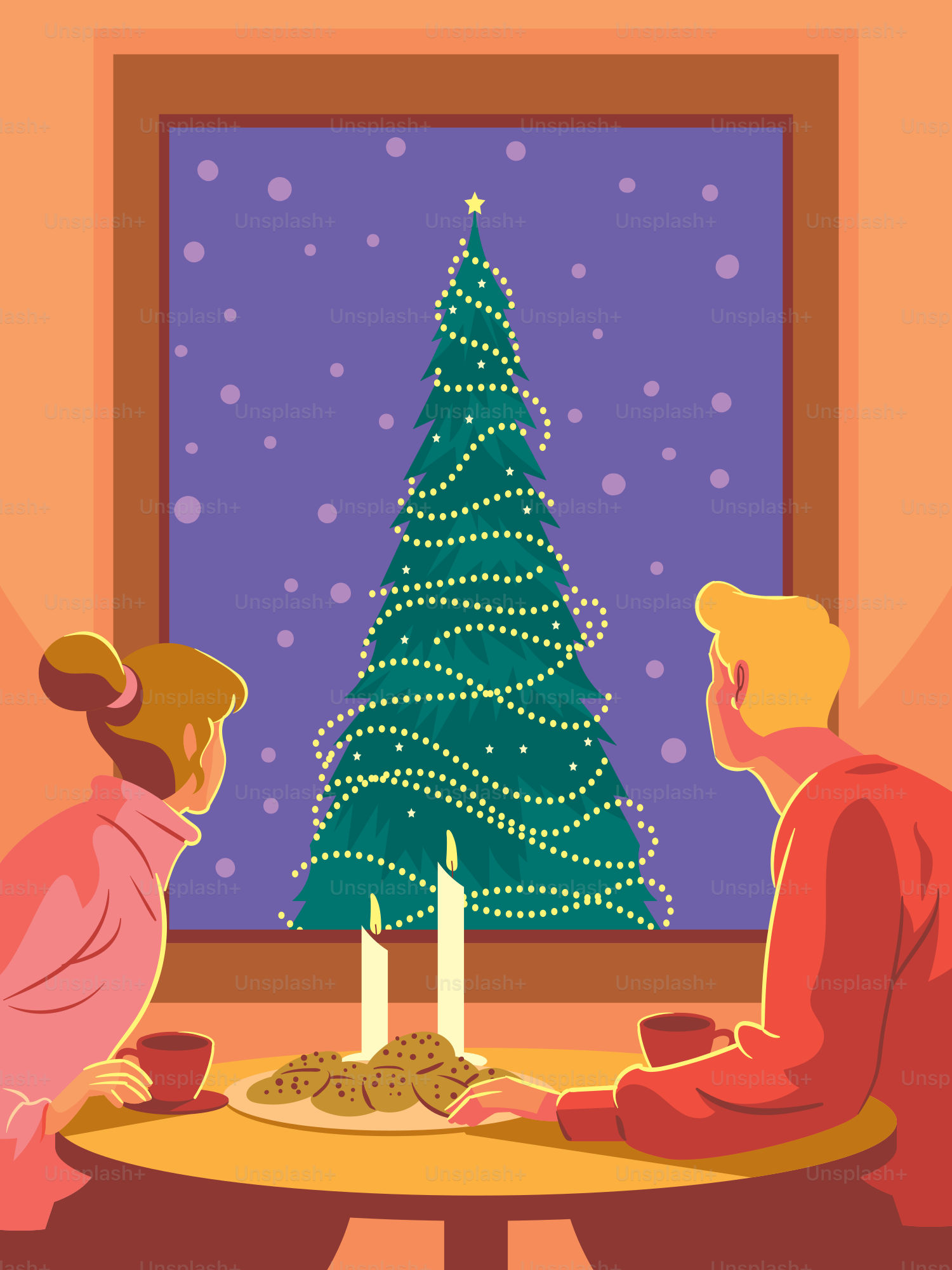 クリスマスツリーの前に座る男女