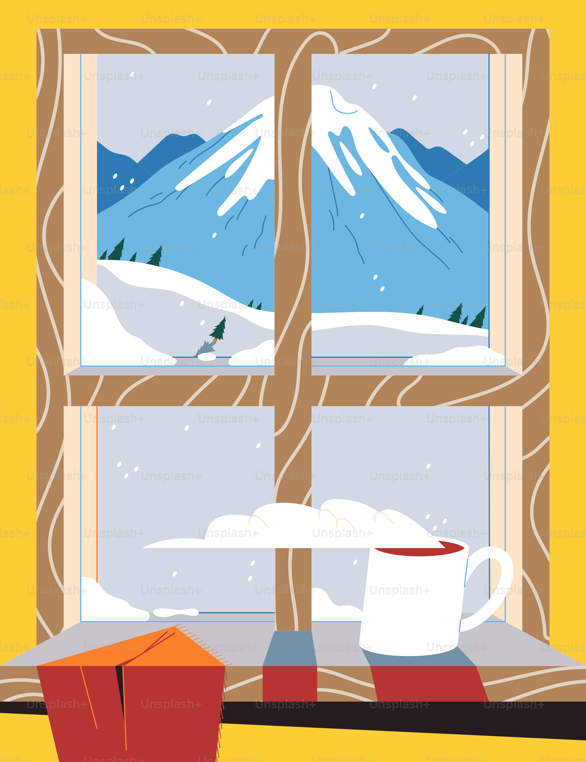 A window with a view of a snowy mountain outside