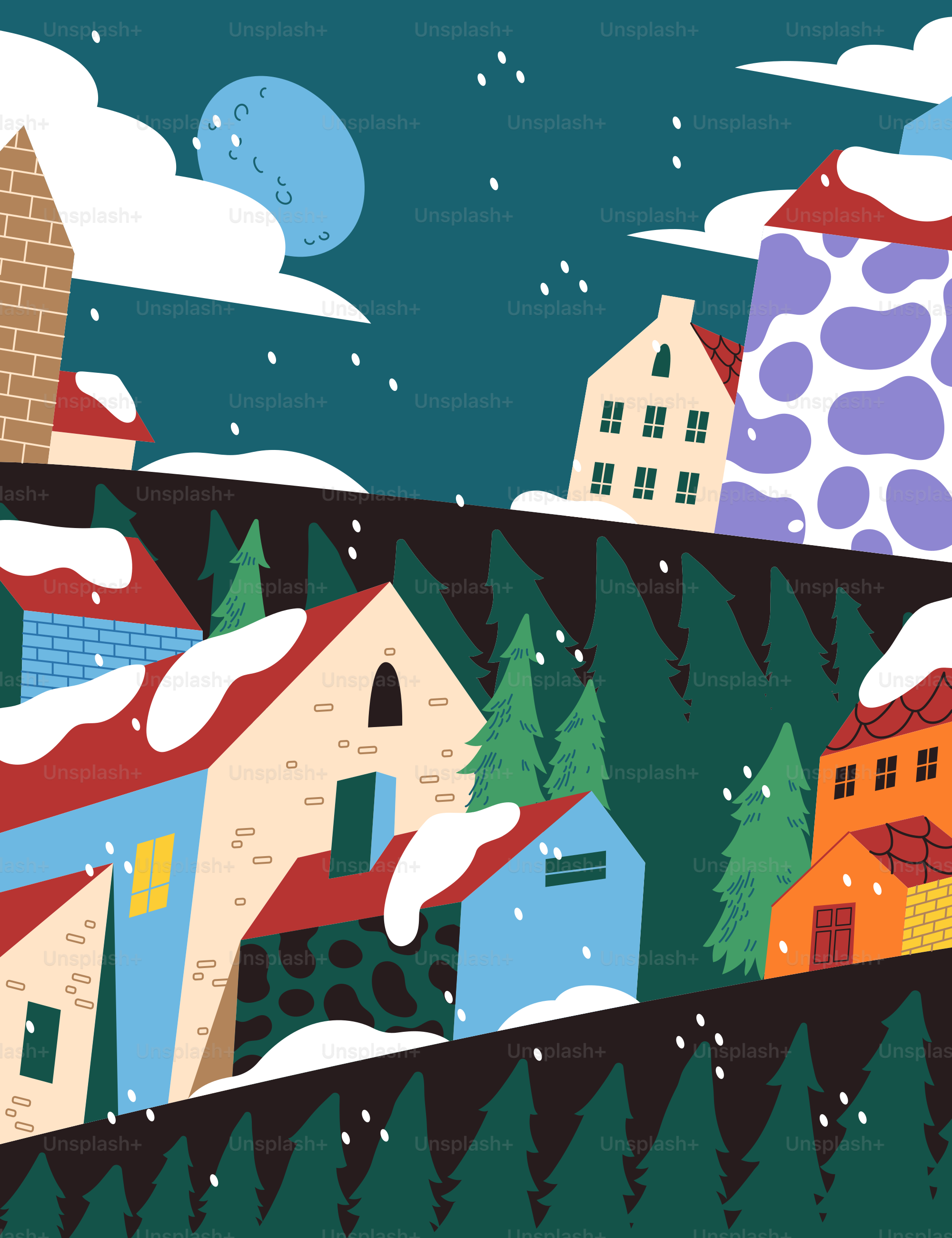 雪の中の家々のクリスマスシーン