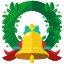 A bell with a ribbon around it and a wreath around it