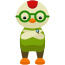 Un pollo dei cartoni animati che indossa occhiali e un maglione verde