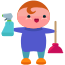 A boy holding a spray bottle and a mop