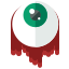 A red and white object with a green eye