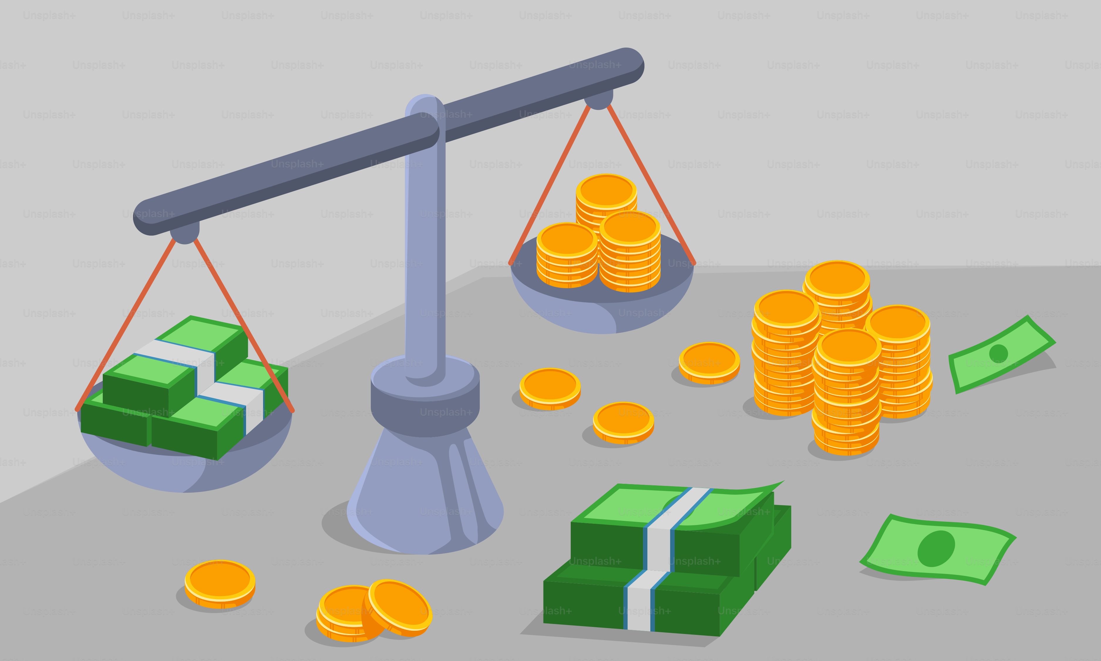 Une balance avec des piles d’argent et des piles de pièces d’or