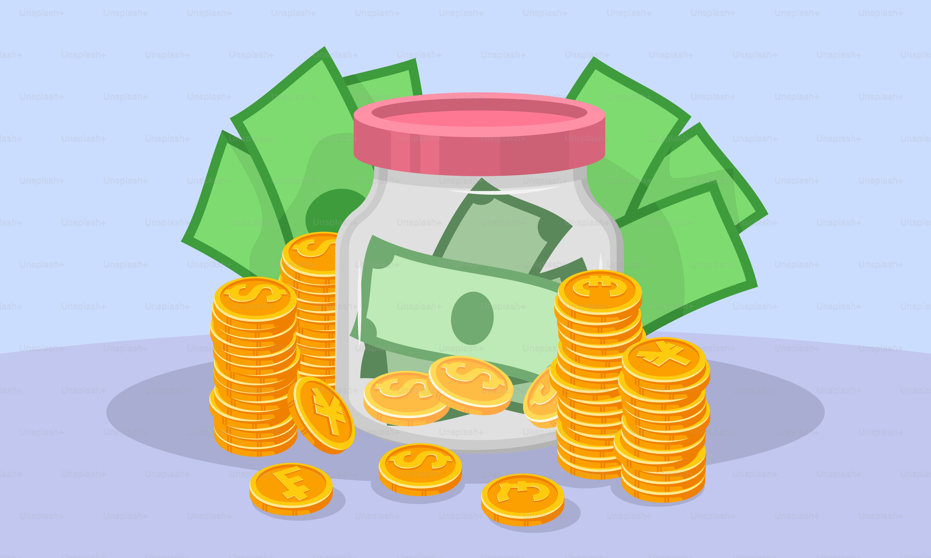 A jar filled with money sitting next to stacks of coins