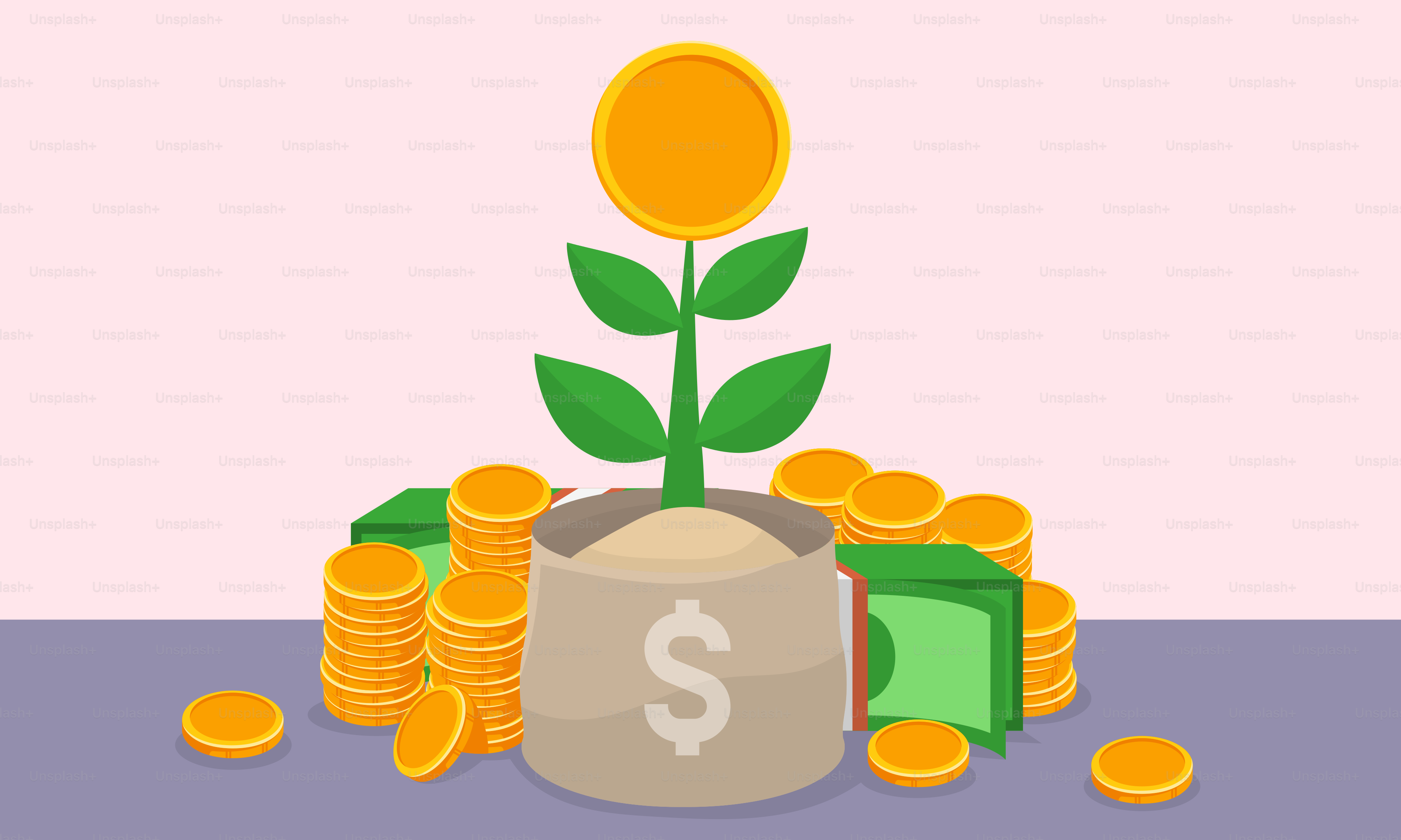 A money bag with a plant growing out of it