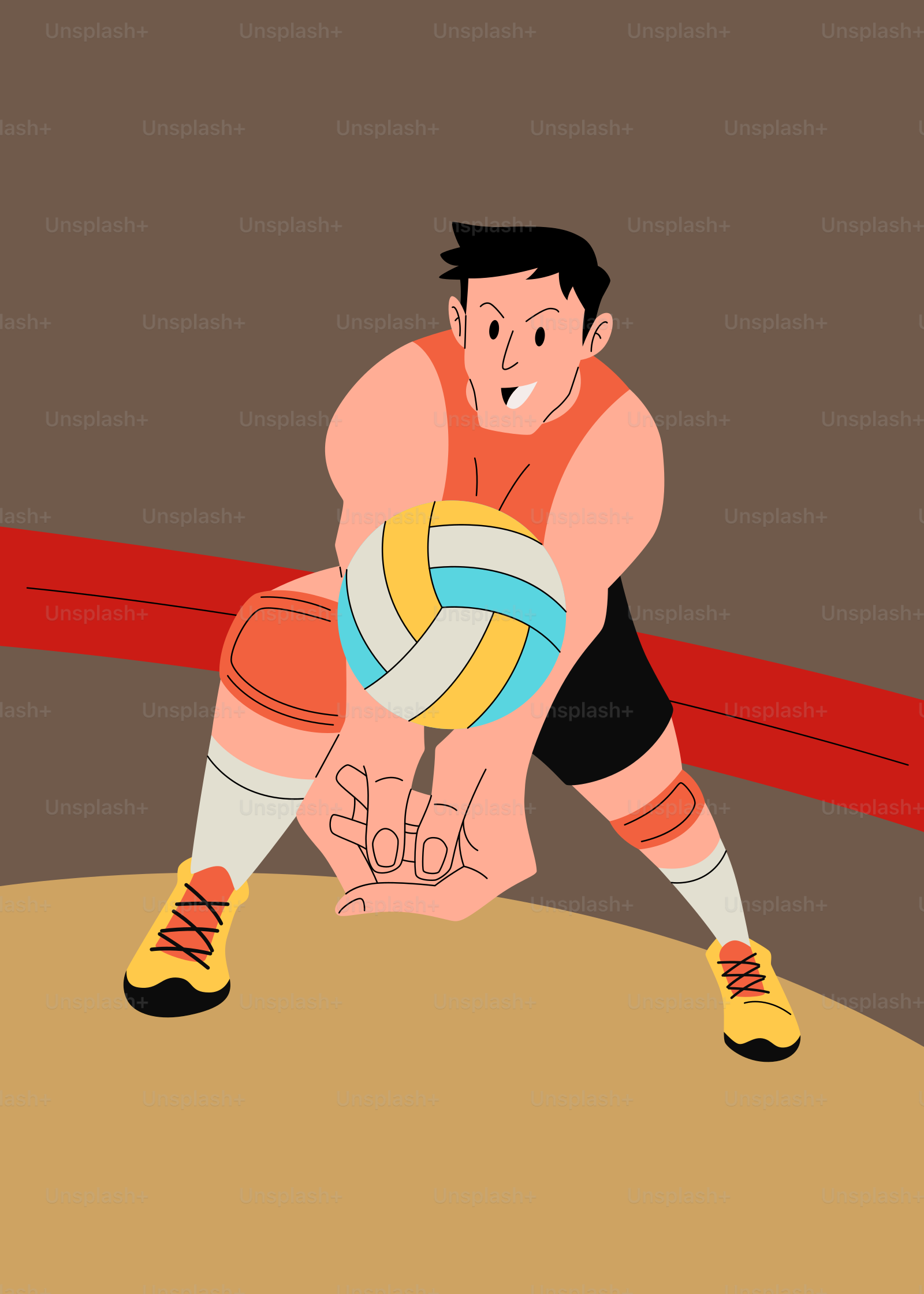 Un dibujo animado de un hombre sosteniendo un balón de voleibol