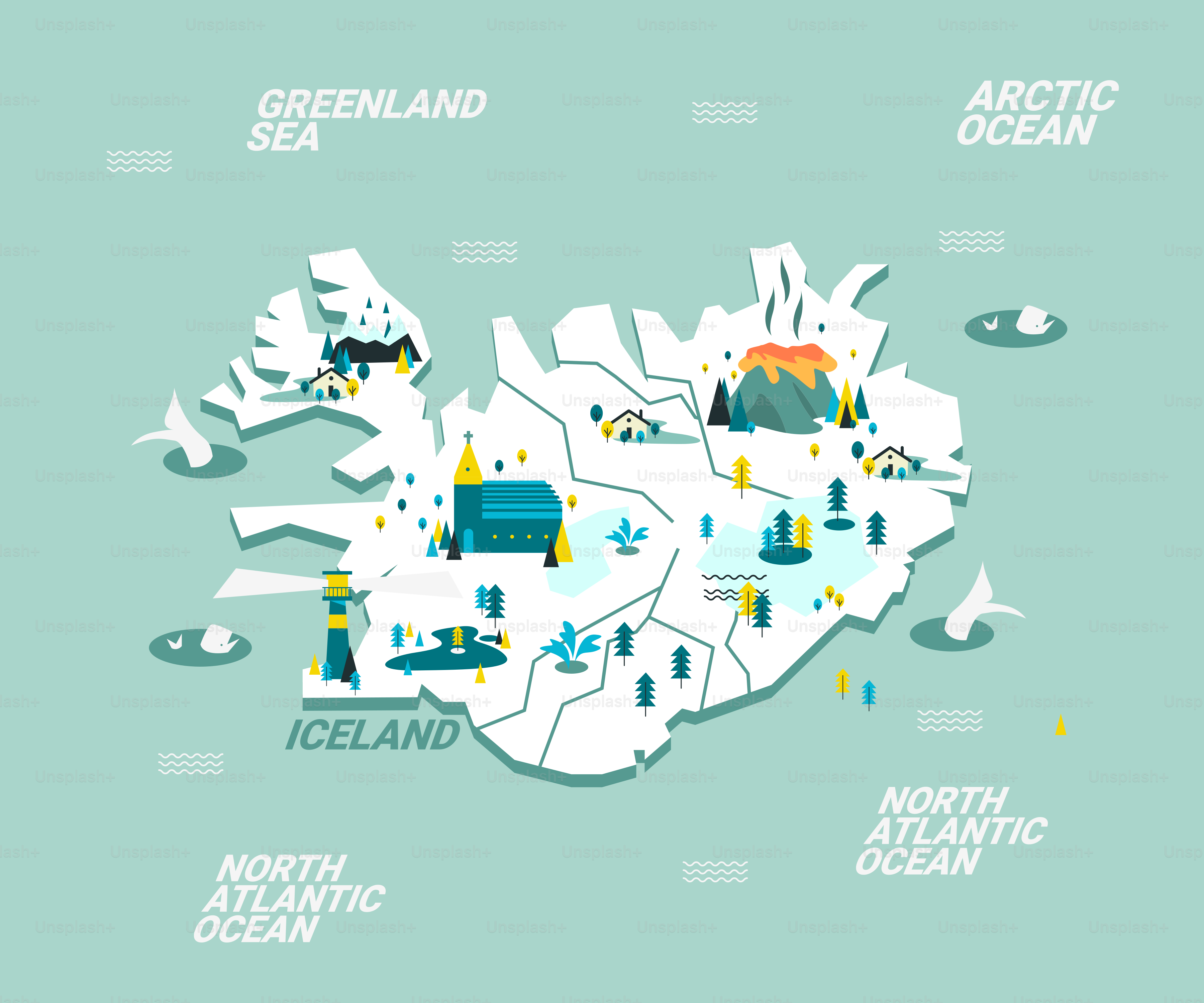 A map of iceland with a lot of places to see