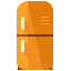 An orange refrigerator with a door open on a white background