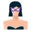 A woman wearing a purple mask and black hair