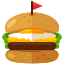 A hamburger with a flag sticking out of it