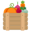 A wooden crate filled with fruits and vegetables