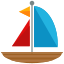 A sailboat with a red and blue sail