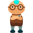 A cartoon character with glasses and a brown outfit