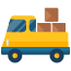 A yellow truck with a stack of boxes on top of it