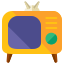 An orange and blue television with a cat on top of it