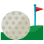 A picture of a golf ball and a red flag