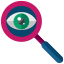 A magnifying glass with a green eye