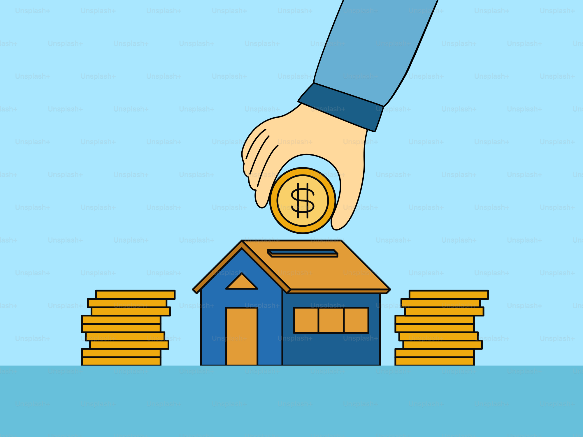 A hand putting a coin into a small house