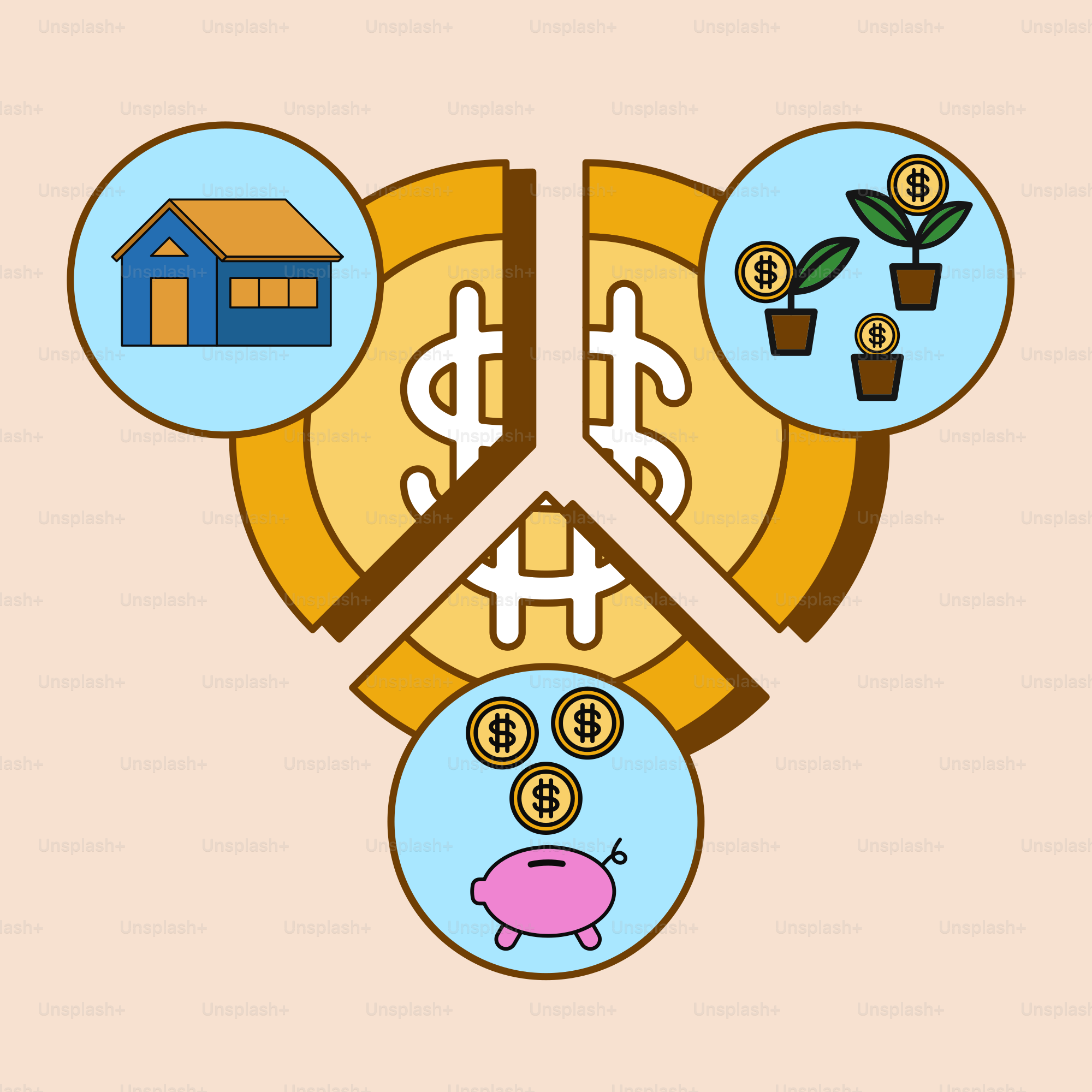 A picture of a piggy bank with money symbols around it