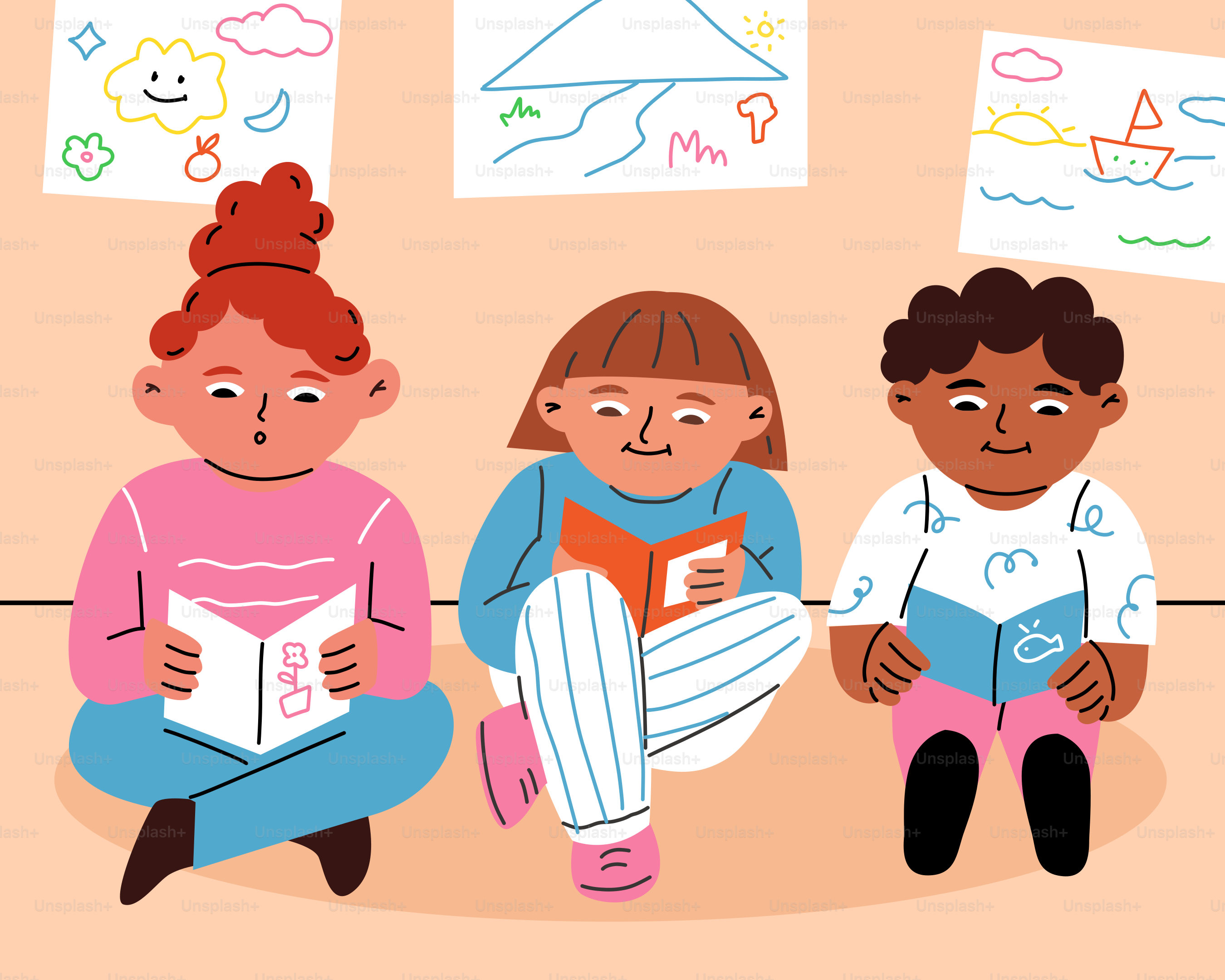 Tres niños sentados en el suelo leyendo libros