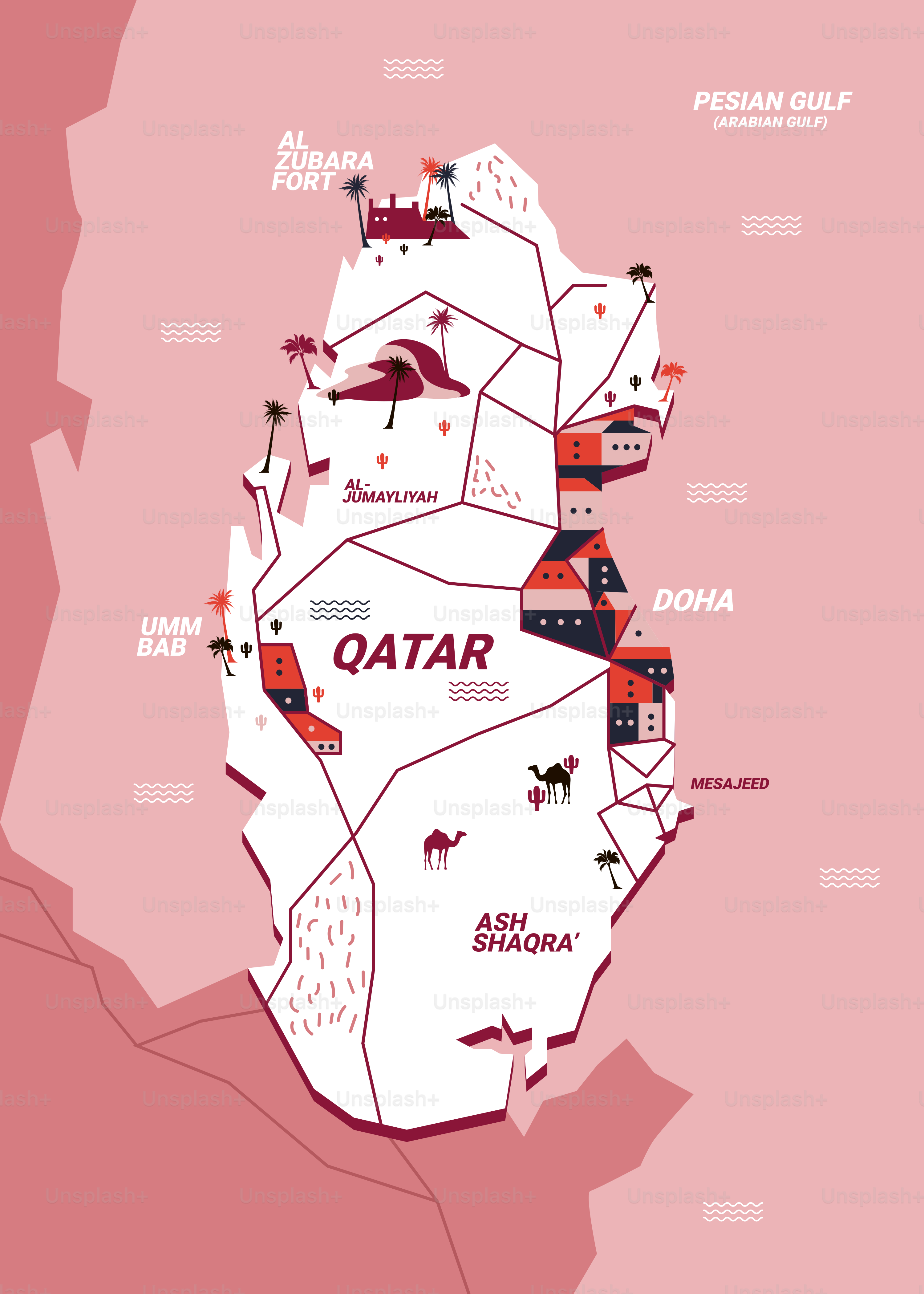 A map of qatar with a red background