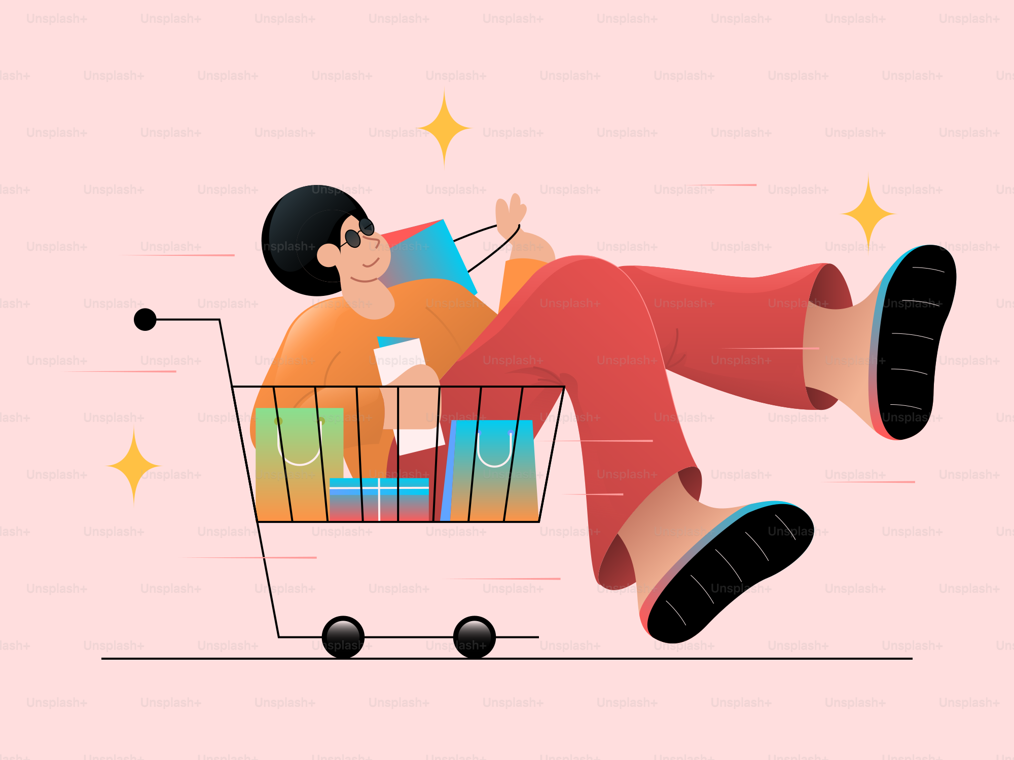 A man laying on top of a shopping cart