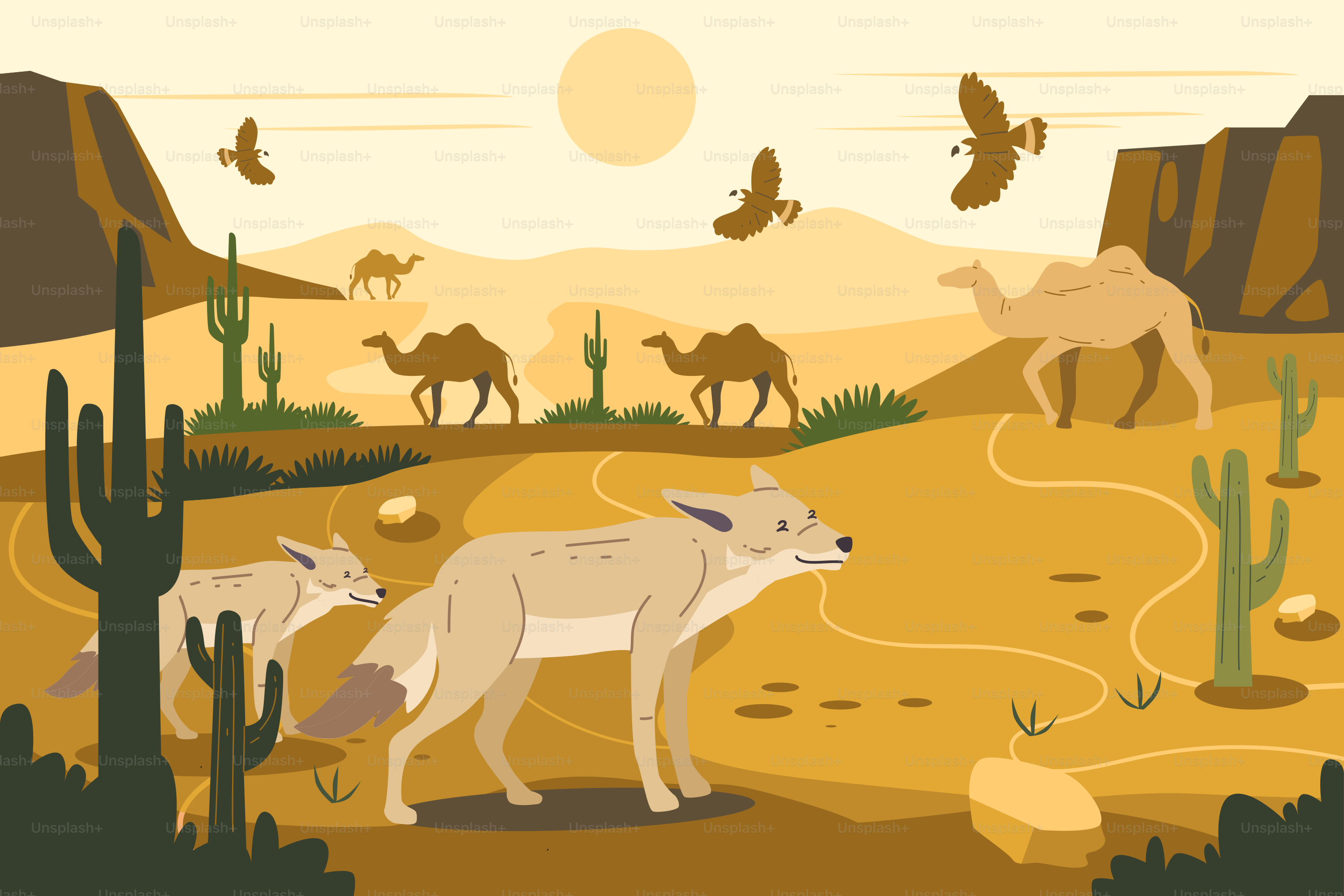 A picture of a desert with animals and birds