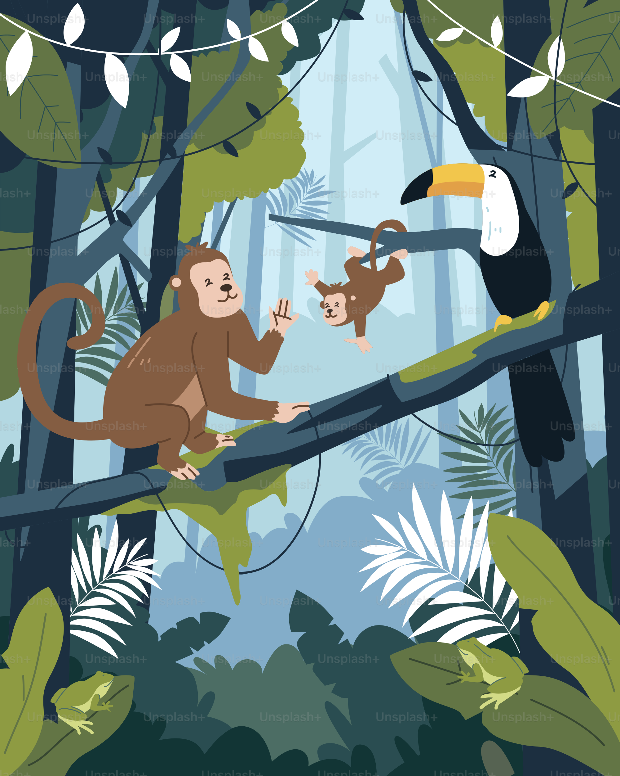 A monkey and a monkey on a branch in the jungle