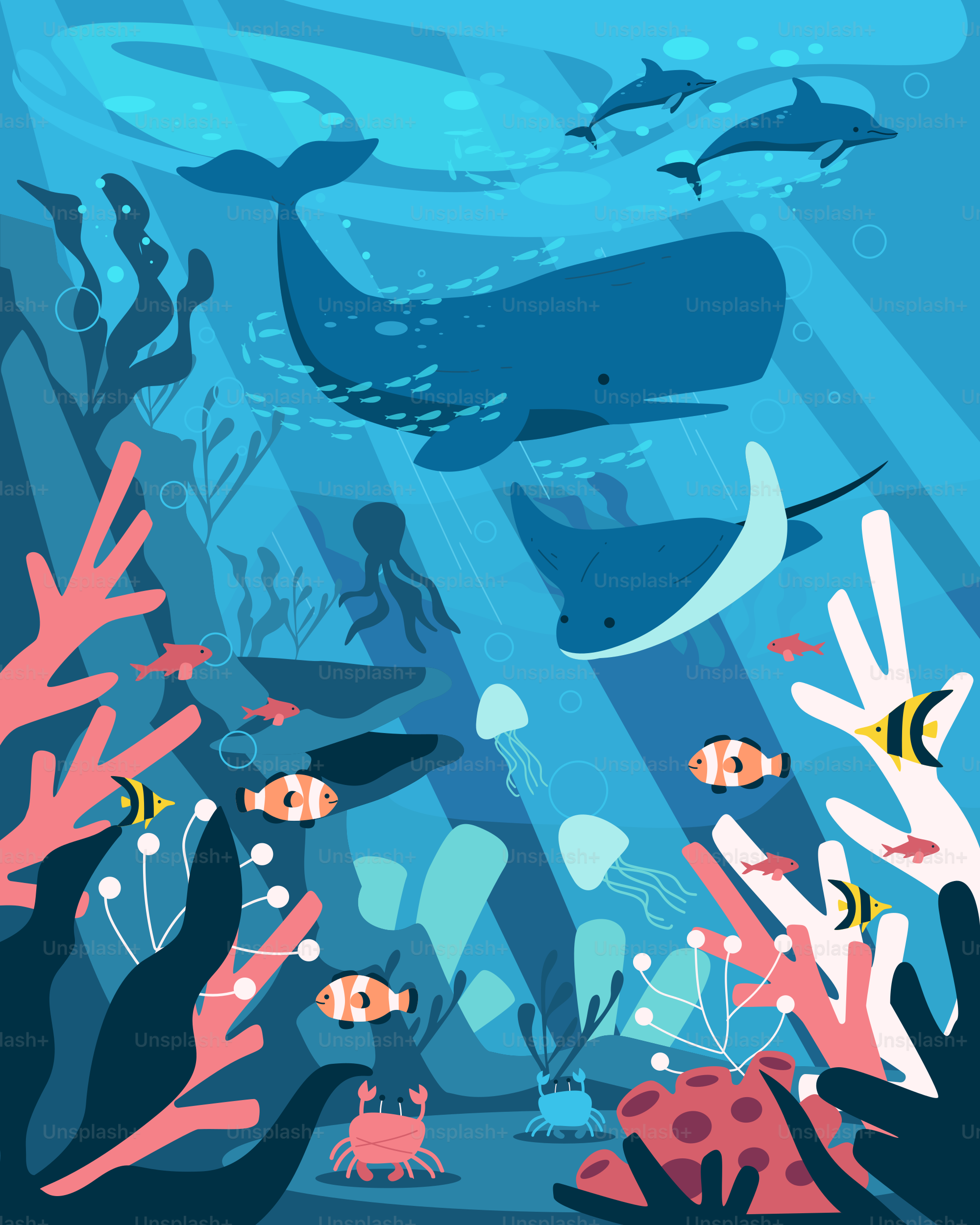 An underwater scene with fish, corals and seaweed