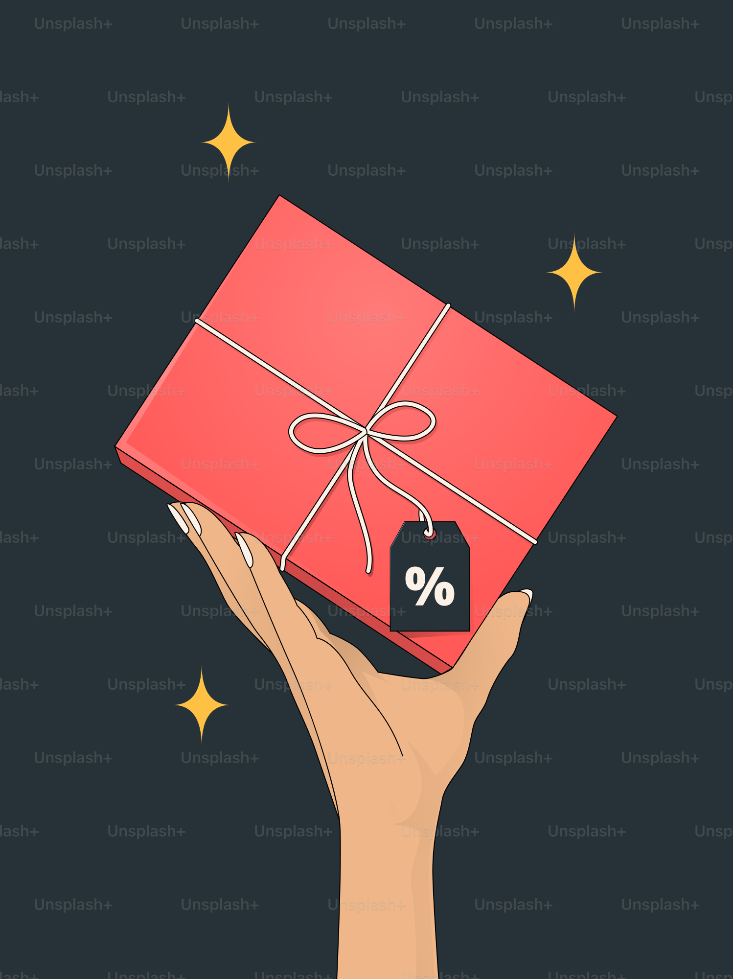 A hand holding a red gift box with a price tag