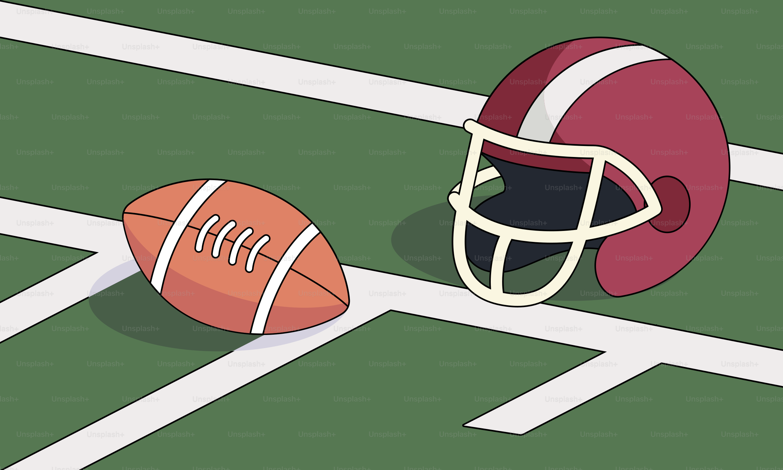 A football and a helmet on a football field