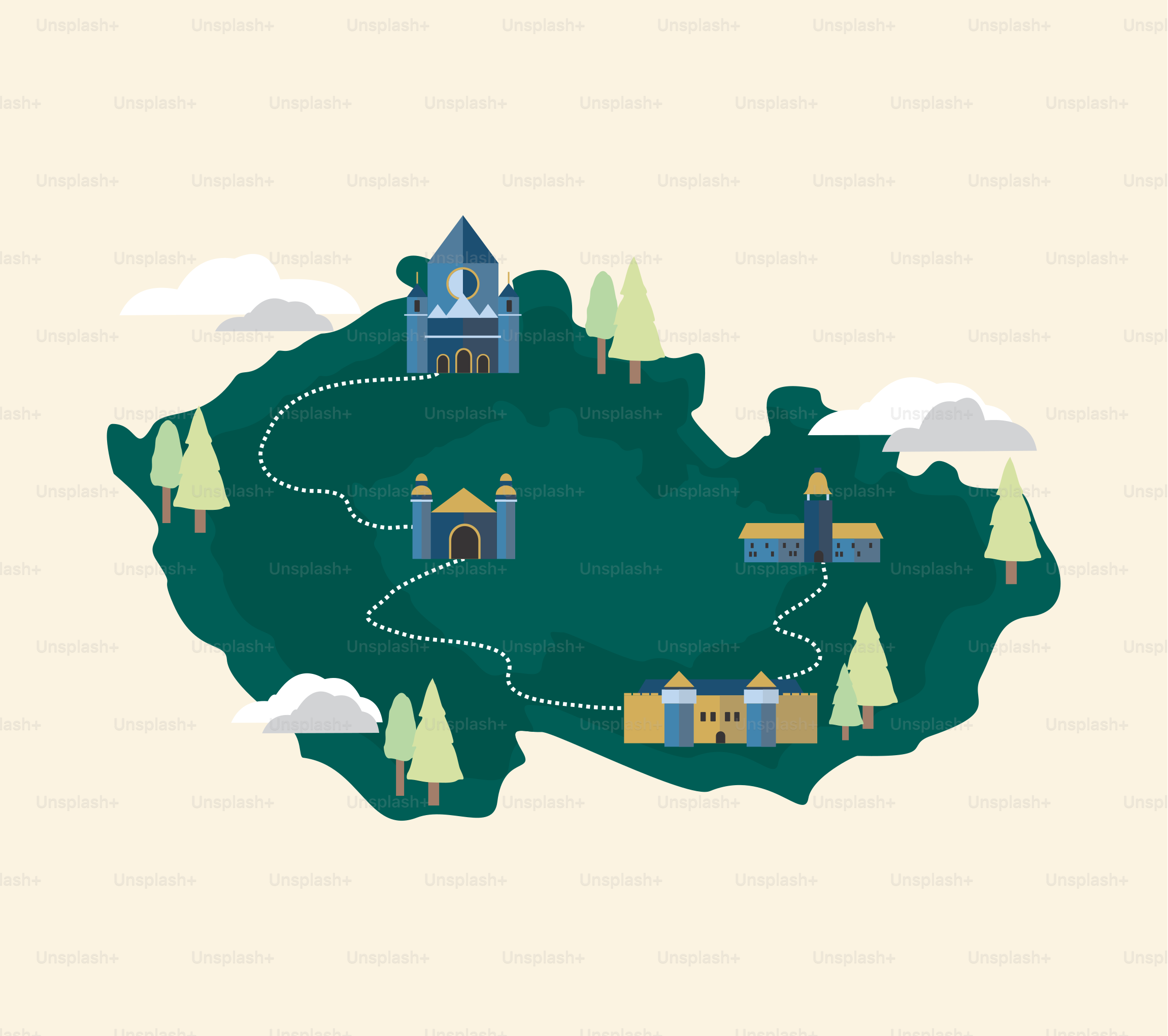 A map of a country with a castle on top of it