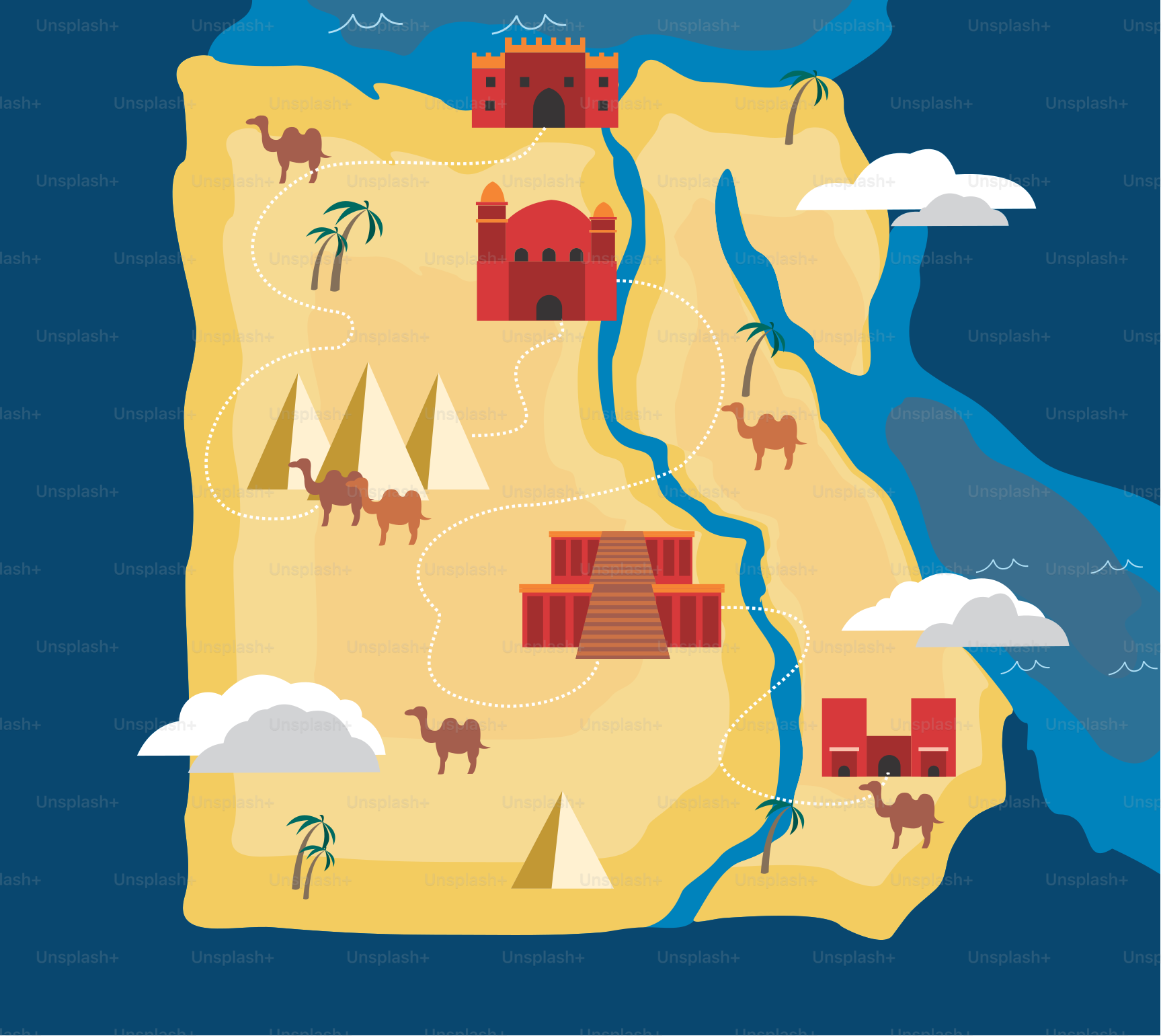 A map of egypt with pyramids in the background