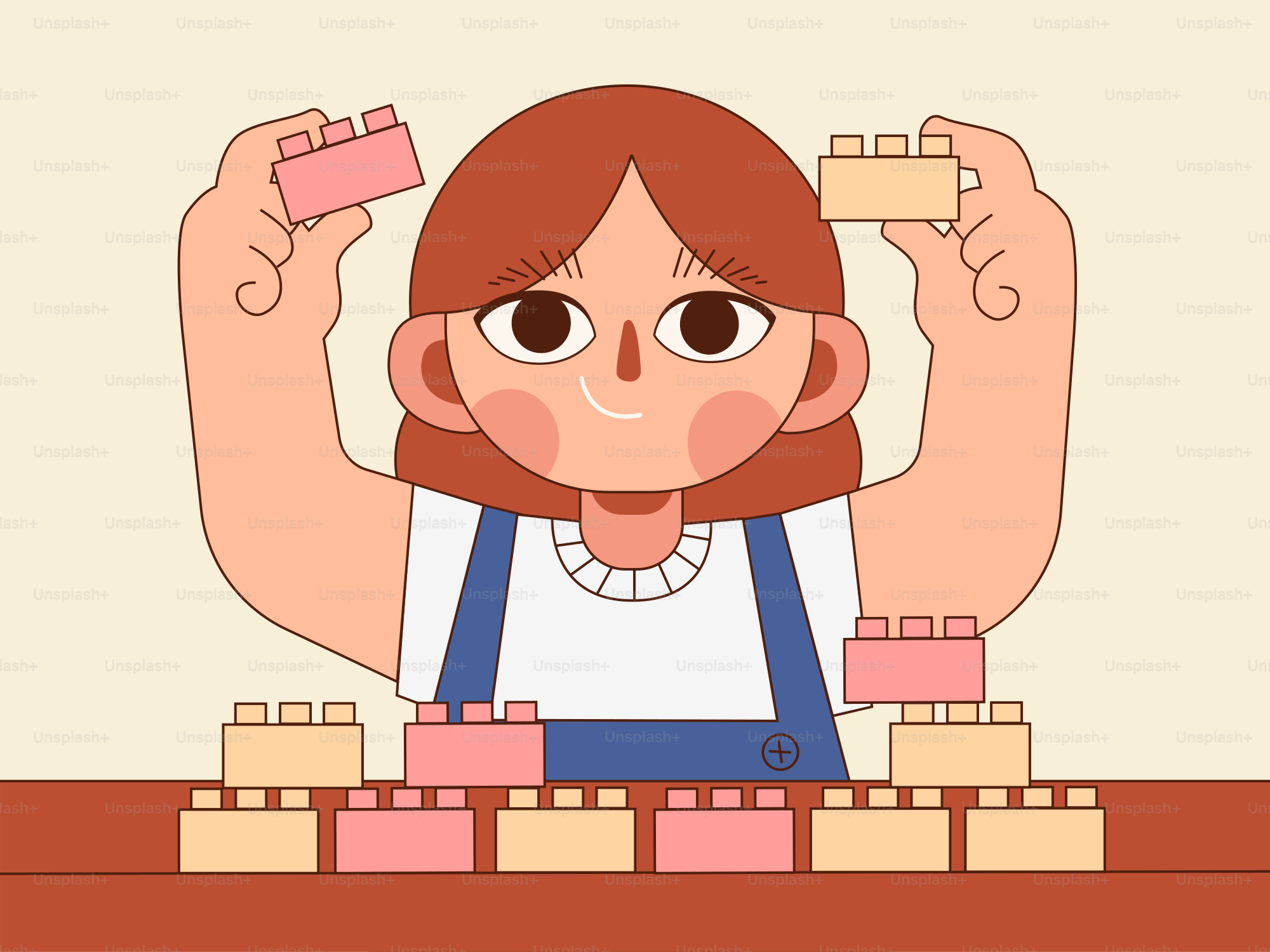 A woman holding a block of bricks in front of her face
