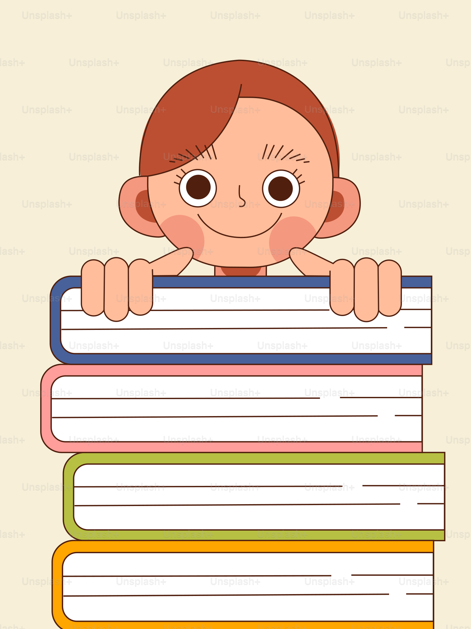 A girl peeking out from behind a stack of books