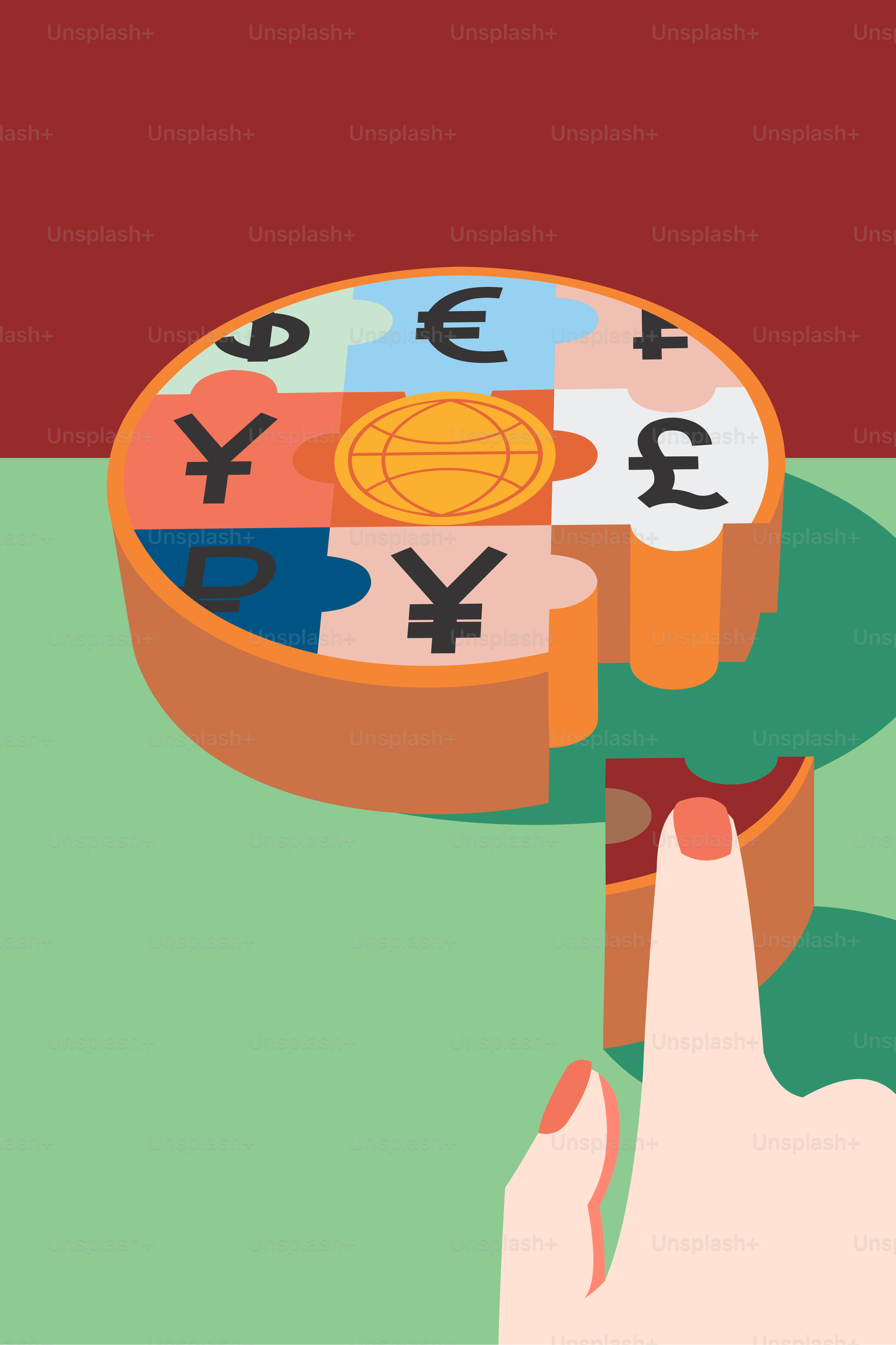 A hand is pointing at a box with currency symbols on it