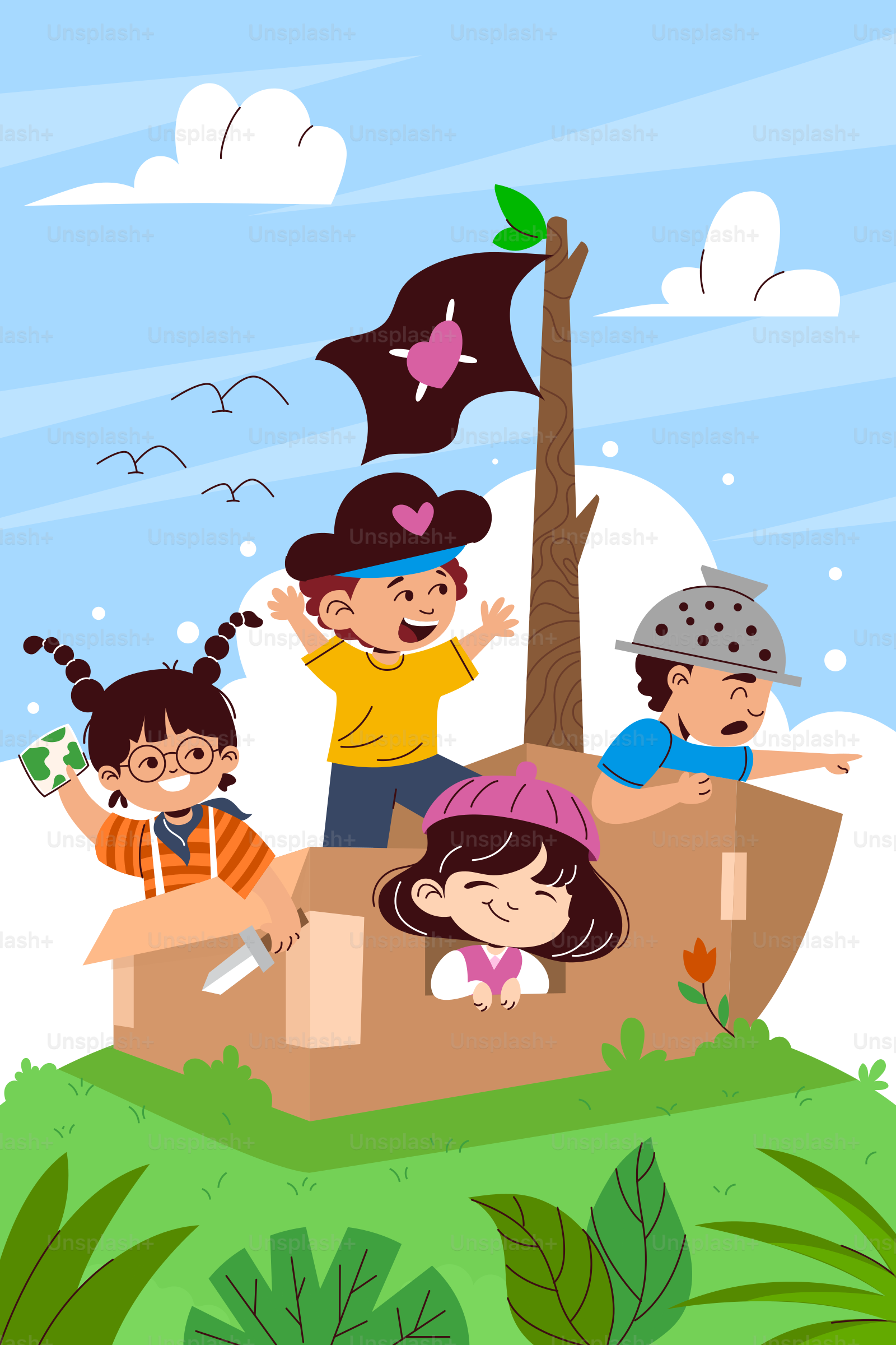 A group of children playing in a cardboard boat