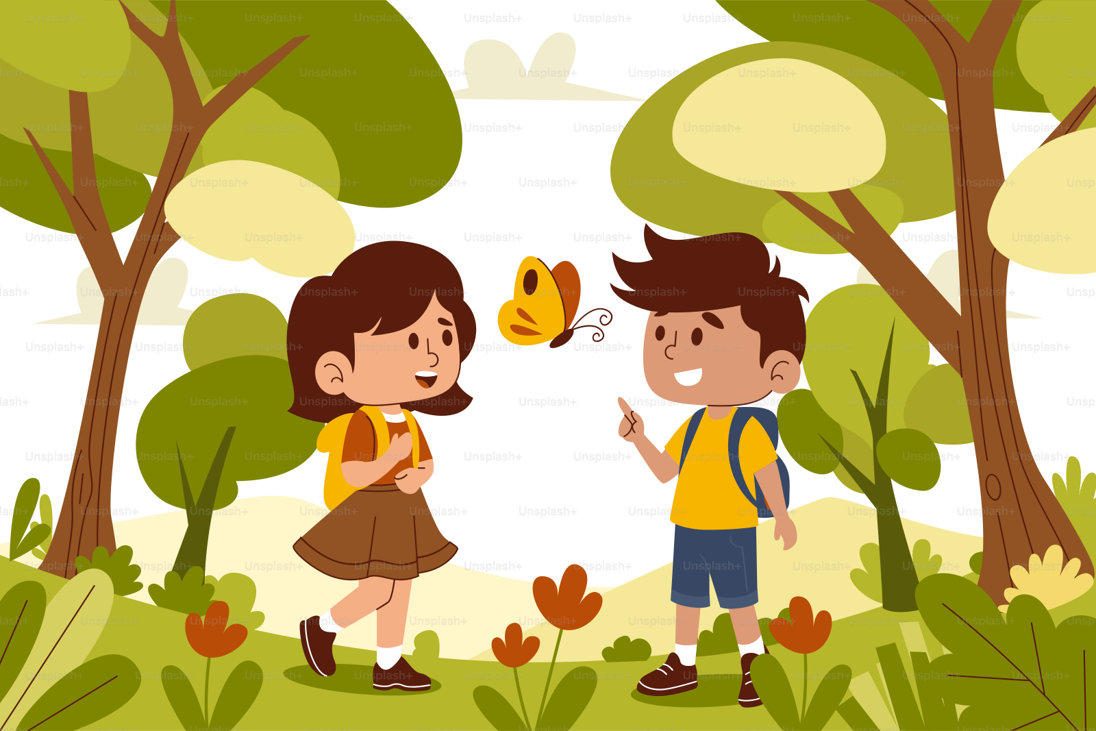 A boy and a girl are standing in the woods