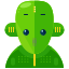 A green mask with a yellow sticker on it