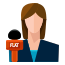 A woman with a microphone and a flat icon