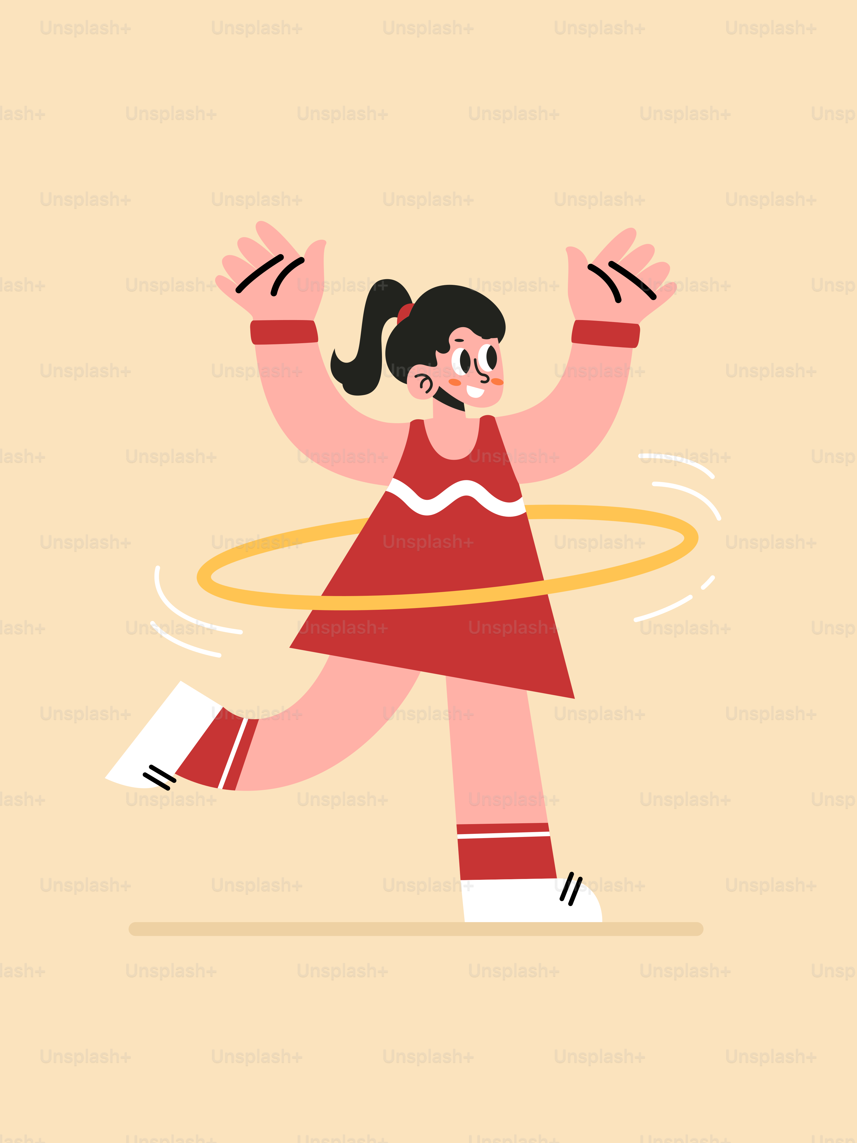 Eine Frau in einem roten Kleid spielt mit einem Hula-Hoop-Reifen