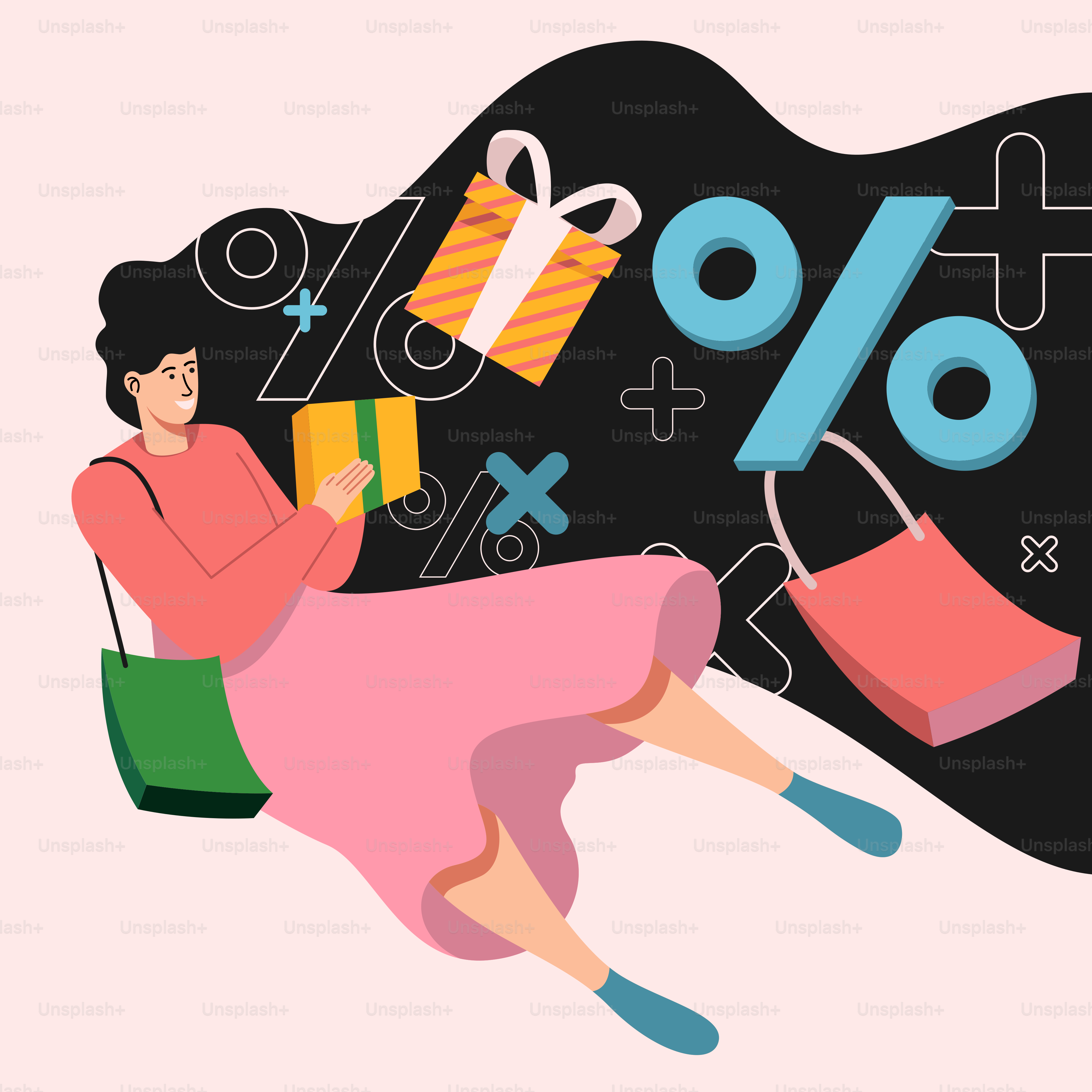 A woman in a pink dress is holding a shopping bag and a gift