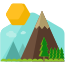 Sebuah gunung dengan pepohonan dan benda kuning di atasnya