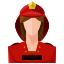 A woman in a red uniform with a crown on her head