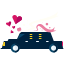 A car with hearts flying out of it