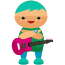 A cartoon character holding a pink guitar