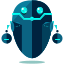 Ein Roboterkopf mit leuchtenden Augen und Kopfhörern