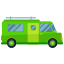 A green van with a surfboard on top of it